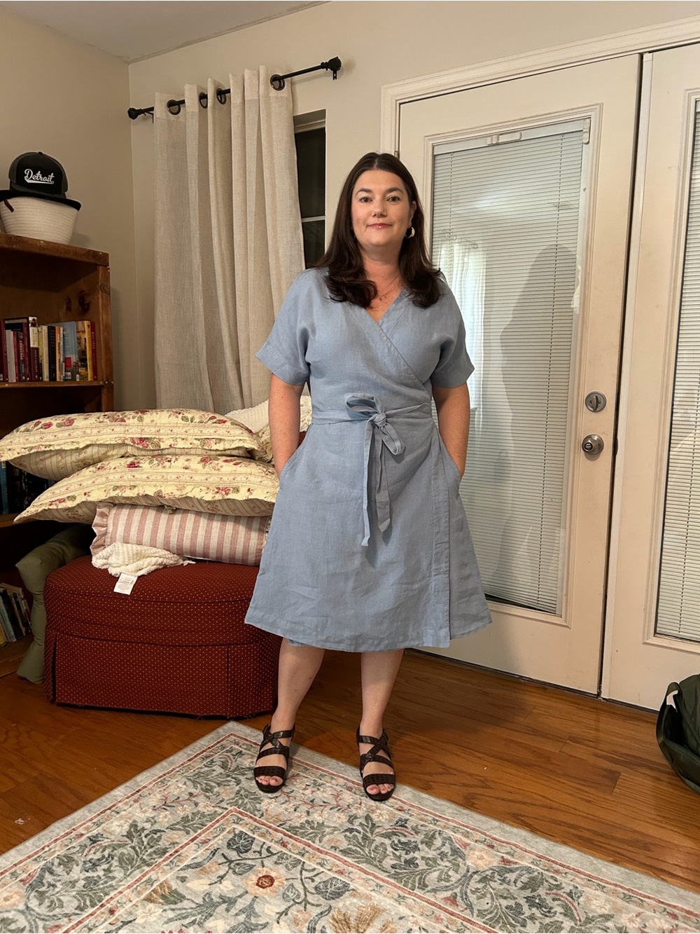 Light Blue Wrap Linen Dress with Tie Waist